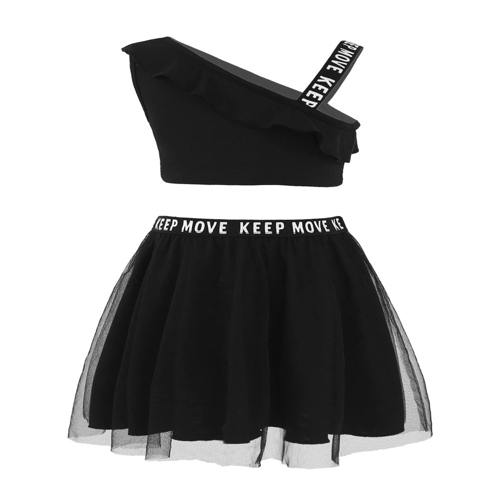 Hansber Kids Girls 2 Pcs Golf Tennis Athletic Skirts Sweatsuit Srappy Crop Tanks Top with Ruffles Tutu Dress Black 1-2 Years