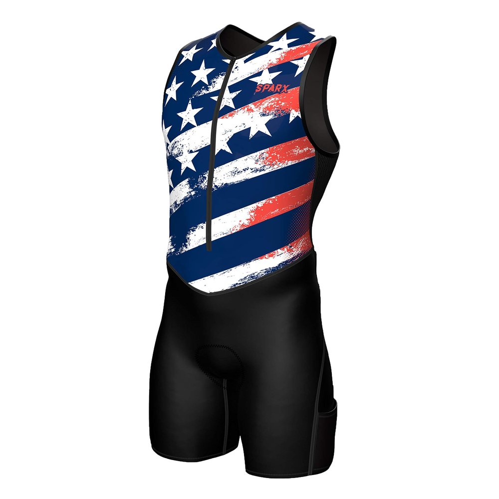 Sparx Men's Premium Triathlon Suit Padded, Quick-Dry, Compression Fit, Lightweight Tri Suit for Swim, Bike, Run Race & Training (Medium, US_Flag)