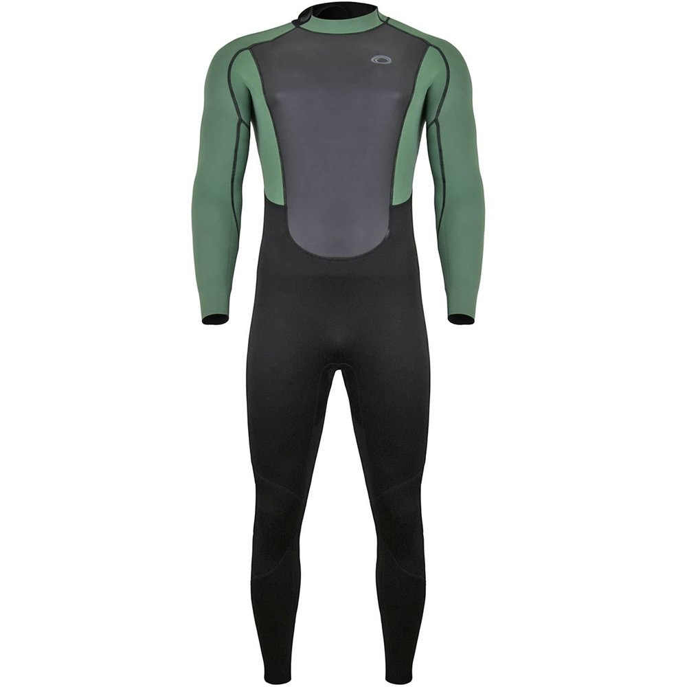 Typhoon Mens Storm3 3/2mm Back Zip Wetsuit - Black Green - Easy Stretch - Flatlock Seam Construction