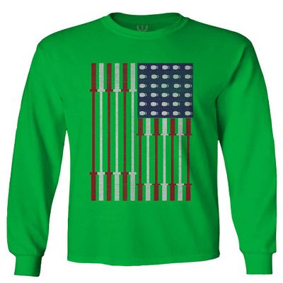 0141. Gym Workout Fitness Bars America Patriotic Flags Training Graphic Men's Long Sleeve t Shirt (Irish Green X-Large)