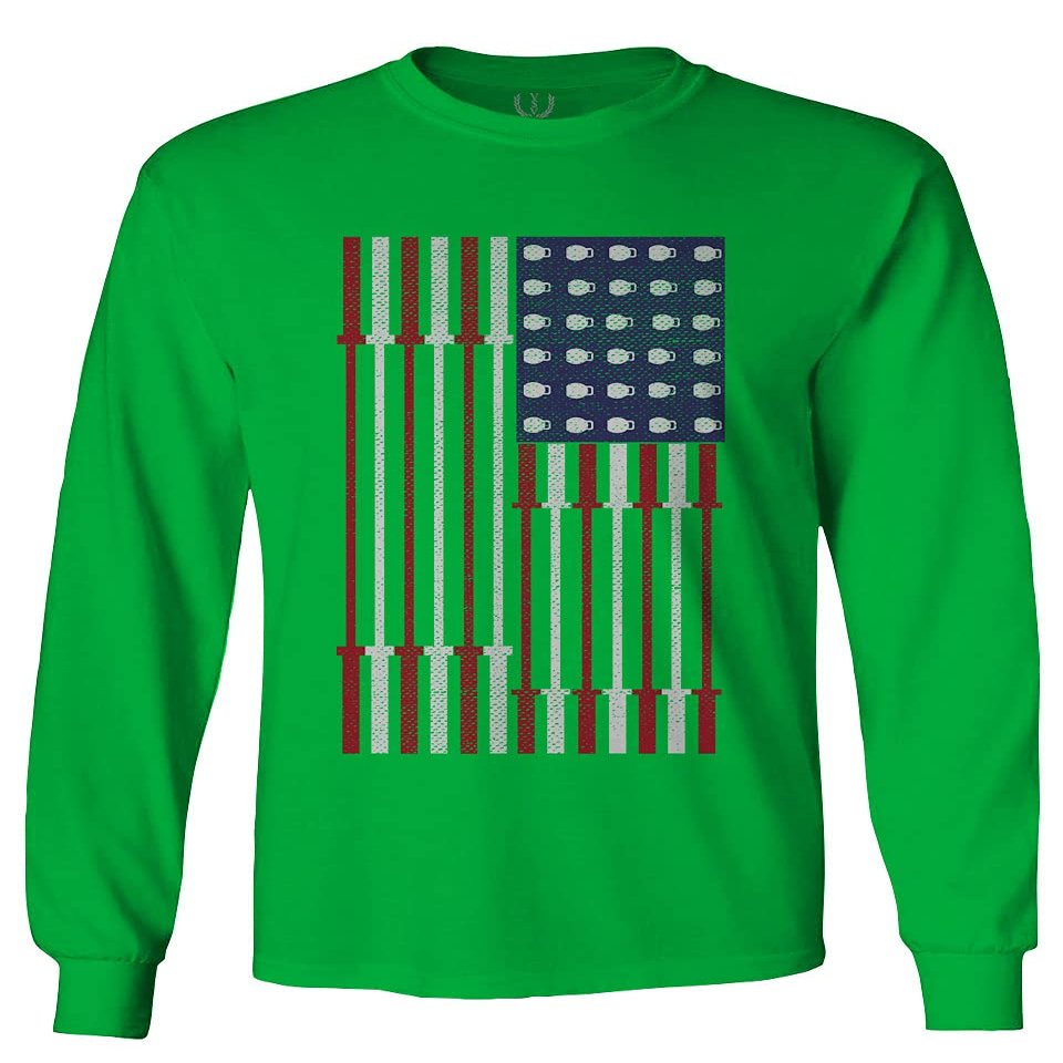 0141. Gym Workout Fitness Bars America Patriotic Flags Training Graphic Men's Long Sleeve t Shirt (Irish Green X-Large)