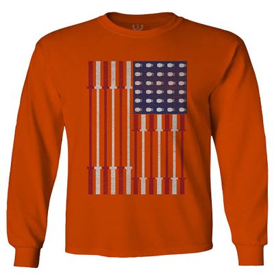 0141. Gym Workout Fitness Bars America Patriotic Flags Training Graphic Men's Long Sleeve t Shirt (Orange 2X Large)