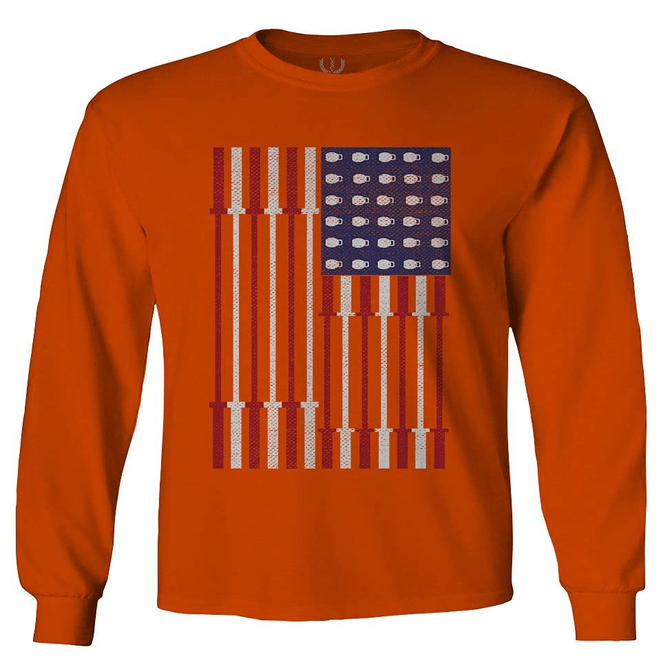 0141. Gym Workout Fitness Bars America Patriotic Flags Training Graphic Men's Long Sleeve t Shirt (Orange 2X Large)