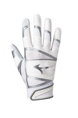 Mizuno B-303 Youth Baseball Batting Glove, White-Silver, X-Large