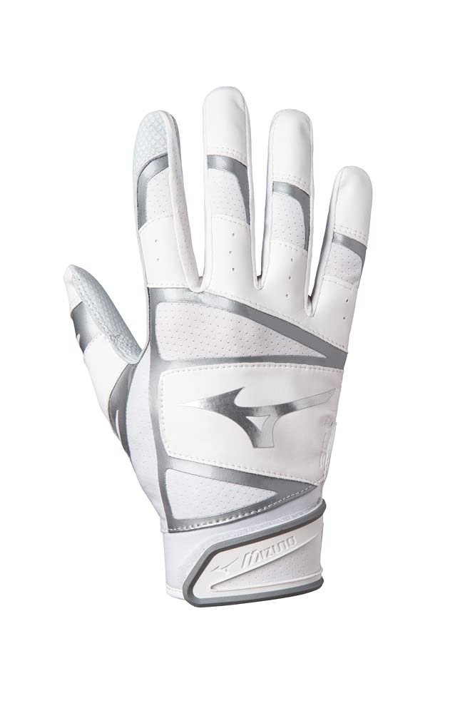 Mizuno B-303 Youth Baseball Batting Glove, White-Silver, X-Large