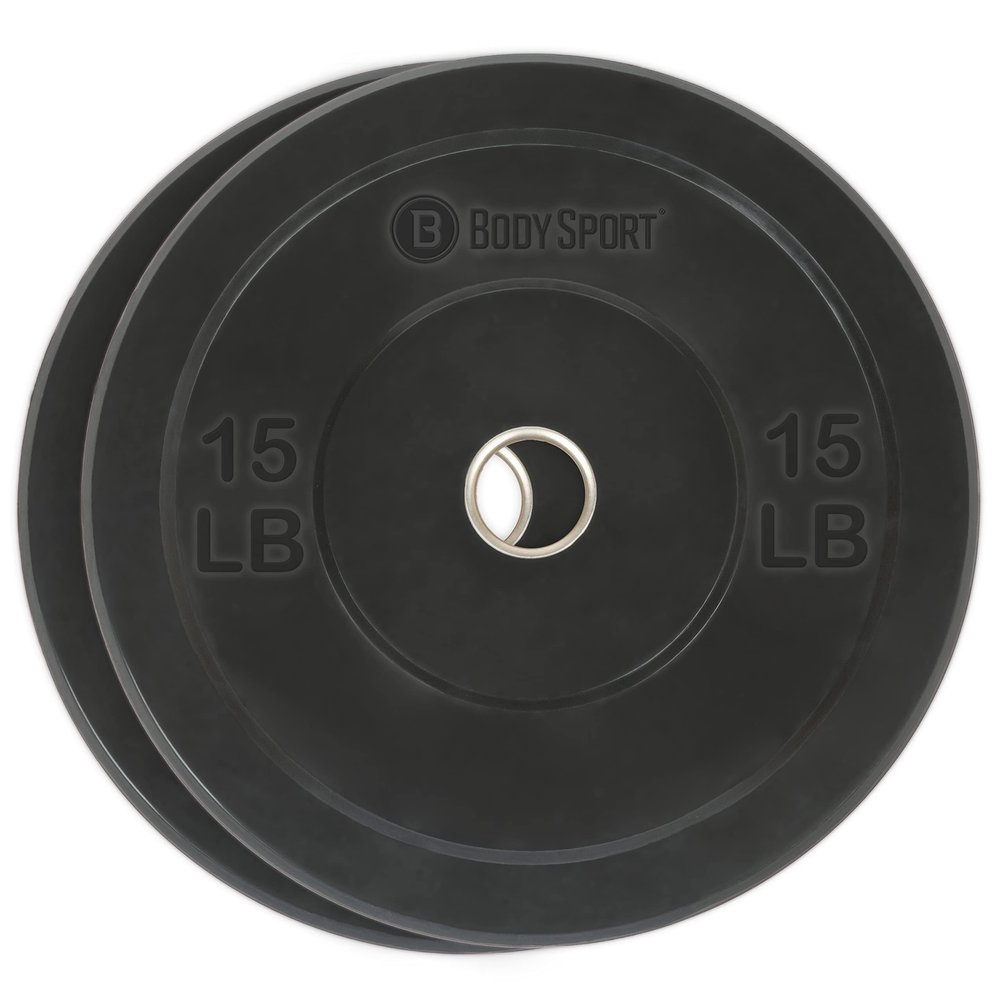 Body Sport Bumper Weight Plates for Training, 15 lb. (2-Pack) - Impact Absorbing Strength Discs with Stainless Steel Insert