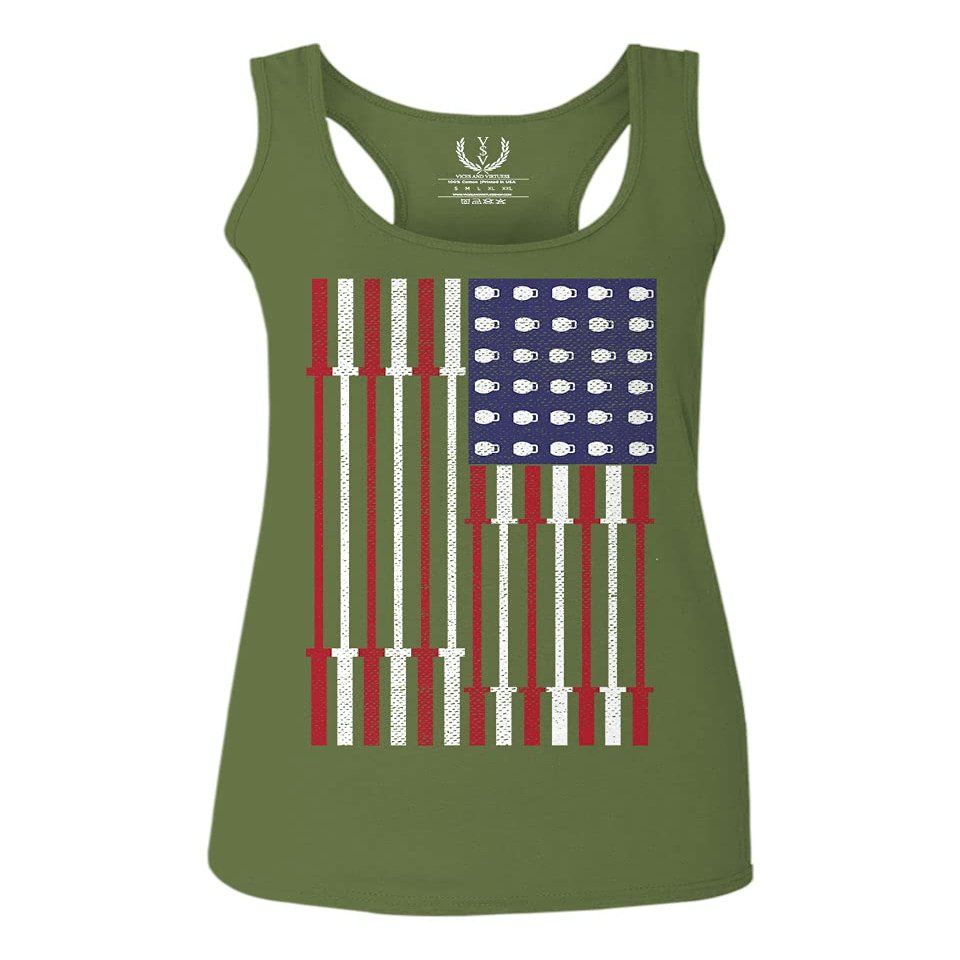 0141. Gym Workout Fitness Bars America Patriotic Flags Training Graphic Women's Tank Top Racerback (Olive, X Small)