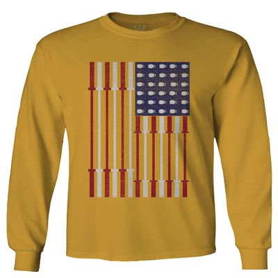 0141. Gym Workout Fitness Bars America Patriotic Flags Training Graphic Men's Long Sleeve t Shirt (Gold X-Large)