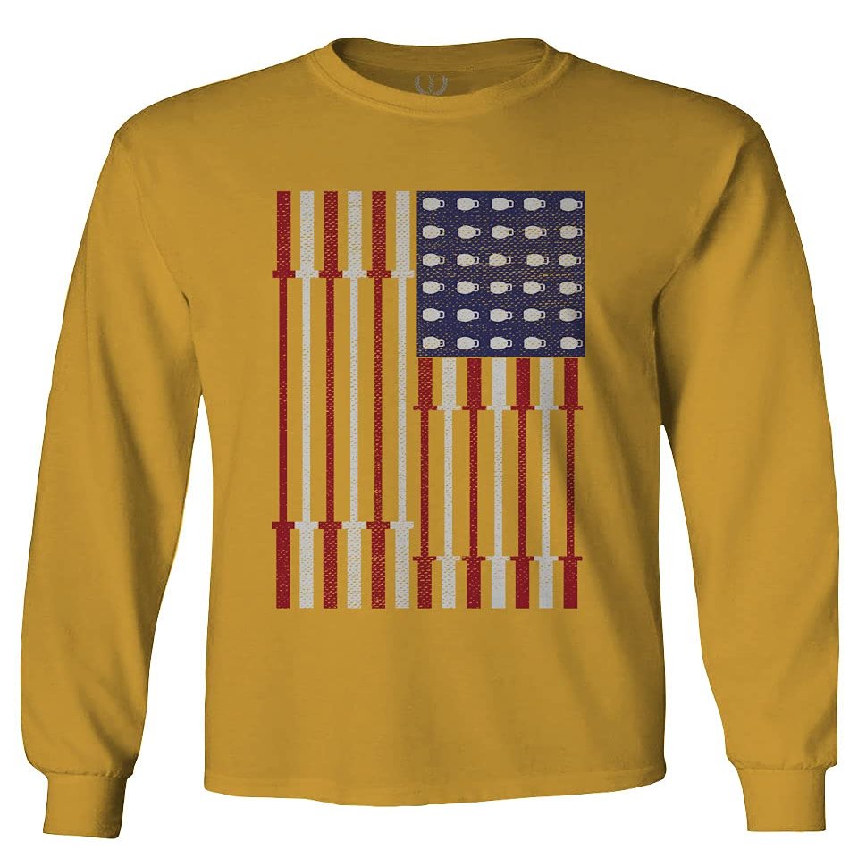 0141. Gym Workout Fitness Bars America Patriotic Flags Training Graphic Men's Long Sleeve t Shirt (Gold X-Large)