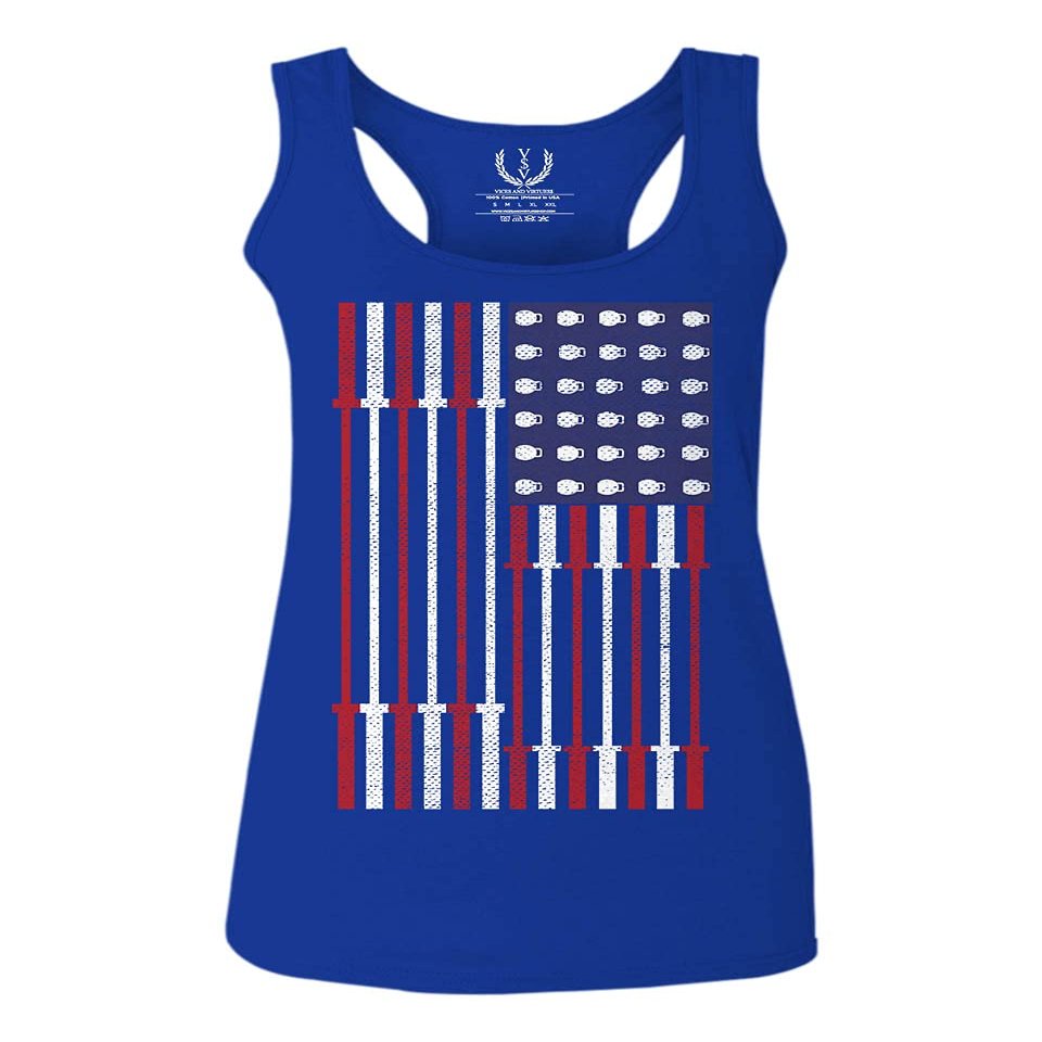 0141. Gym Workout Fitness Bars America Patriotic Flags Training Graphic Women's Tank Top Racerback (Royal Medium)
