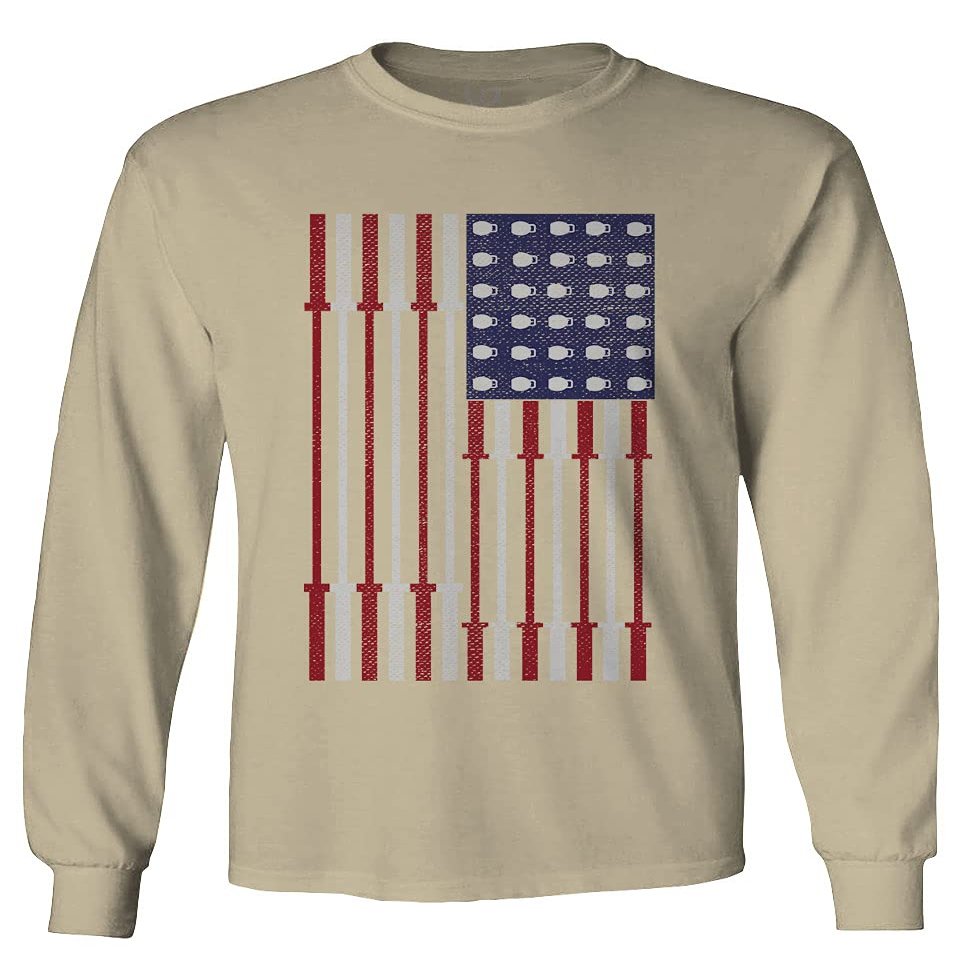 0141. Gym Workout Fitness Bars America Patriotic Flags Training Graphic Men's Long Sleeve t Shirt (Beige Small)