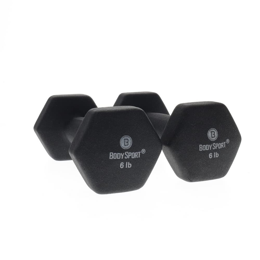 Body Sport Neoprene Dumbbell Weight, 6 lb. (2-Pack) - Latex-Free, Strength Training Equipment for Home Fitness & Gym Workouts (Black)