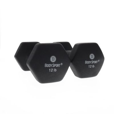 Body Sport Neoprene Dumbbell Weight, 12 lb. (2-Pack) - Latex-Free, Strength Training Equipment for Home Fitness & Gym Workouts (Black)