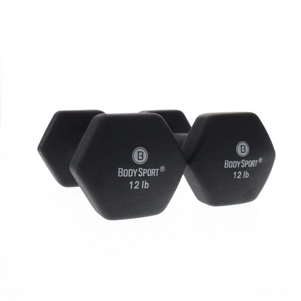 Body Sport Neoprene Dumbbell Weight, 12 lb. (2-Pack) - Latex-Free, Strength Training Equipment for Home Fitness & Gym Workouts (Black)