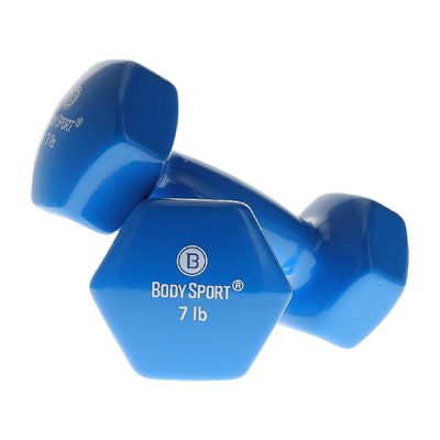 Body Sport Vinyl Coated Dumbbell Weight, 7 lb. (Pair) - Strength Training Equipment for Home Fitness & Gym Workouts (Light Blue)