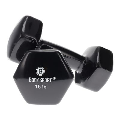 Body Sport Vinyl Coated Dumbbell Weight, 15 lb. (Pair) - Strength Training Equipment for Home Fitness & Gym Workouts (Gray)