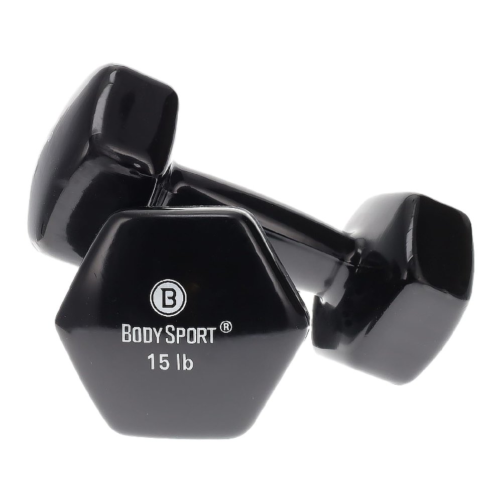 Body Sport Vinyl Coated Dumbbell Weight, 15 lb. (Pair) - Strength Training Equipment for Home Fitness & Gym Workouts (Gray)