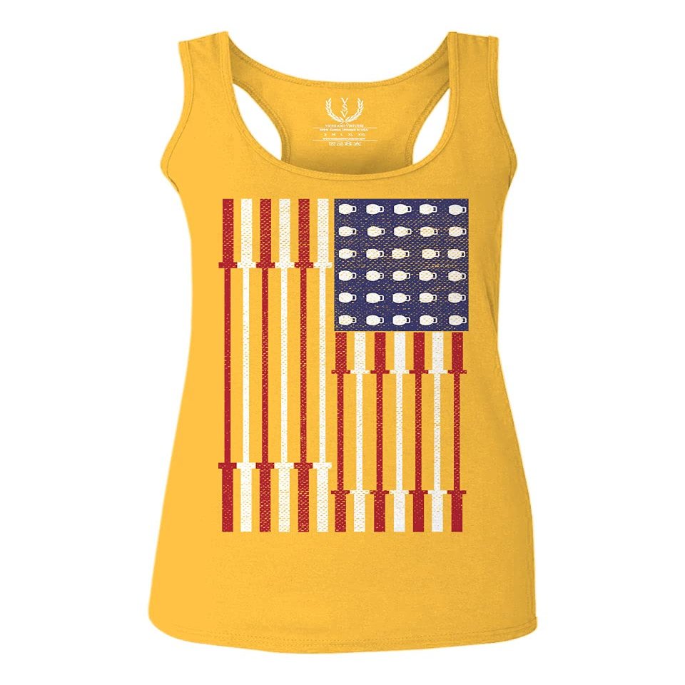 0141. Gym Workout Fitness Bars America Patriotic Flags Training Graphic Women's Tank Top Racerback (Gold Small)