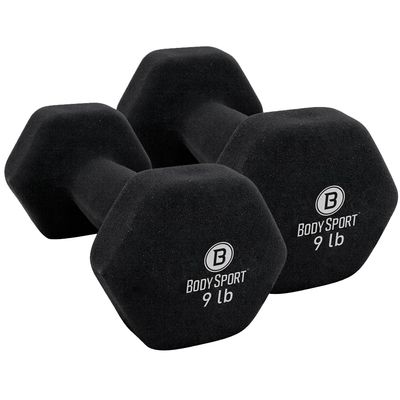 Body Sport Neoprene Dumbbell Weight, 9 lb. (2-Pack) - Latex-Free, Strength Training Equipment for Home Fitness & Gym Workouts (Black)