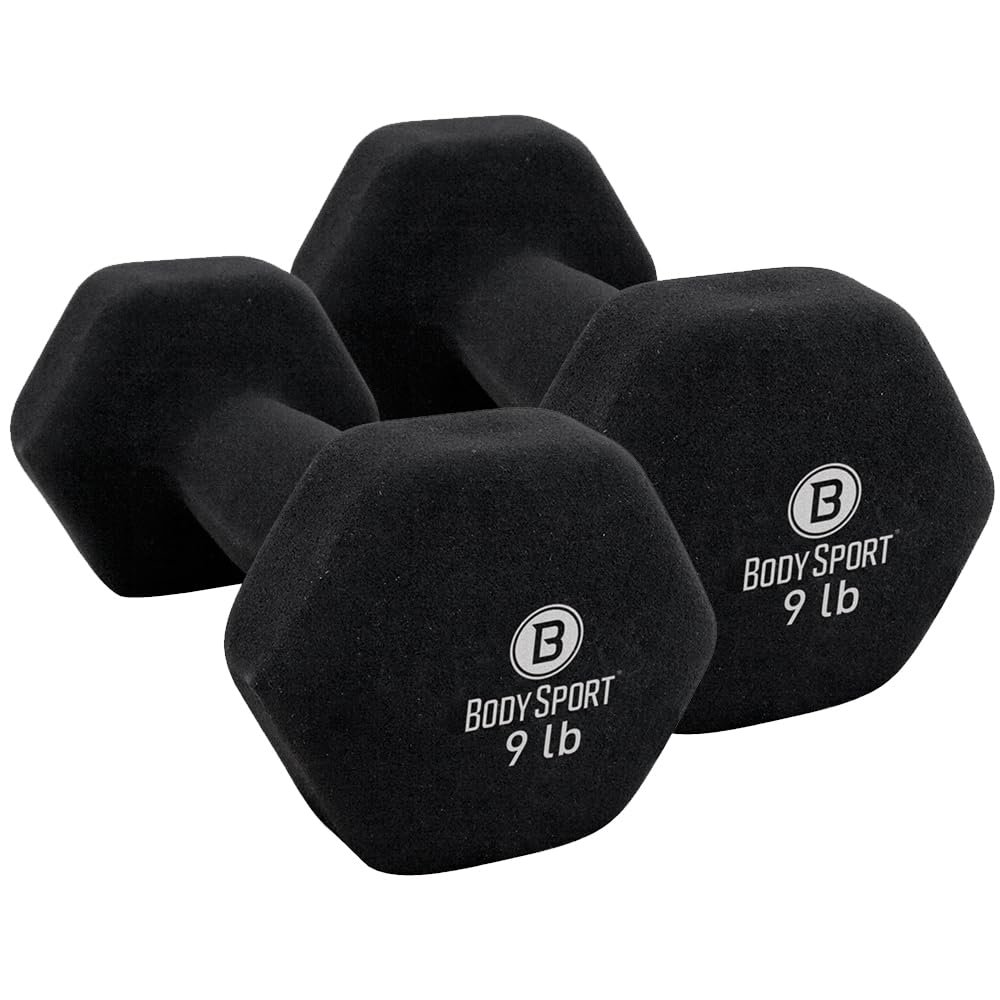 Body Sport Neoprene Dumbbell Weight, 9 lb. (2-Pack) - Latex-Free, Strength Training Equipment for Home Fitness & Gym Workouts (Black)