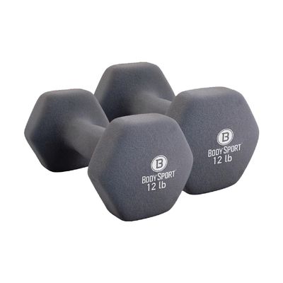 Body Sport Neoprene Dumbbell Weight, 12 lb. (2-Pack) - Latex-Free, Strength Training Equipment for Home Fitness & Gym Workouts (Gray)