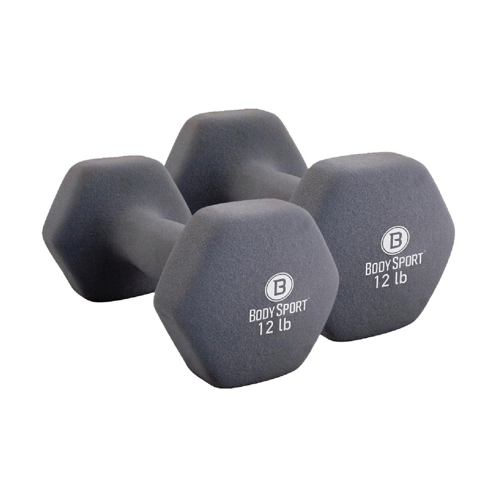 Body Sport Neoprene Dumbbell Weight, 12 lb. (2-Pack) - Latex-Free, Strength Training Equipment for Home Fitness & Gym Workouts (Gray)