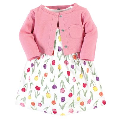 Hudson Baby Infant and Toddler Girl Cotton Dress and Cardigan Set Spring Tulips, 9-12 Months