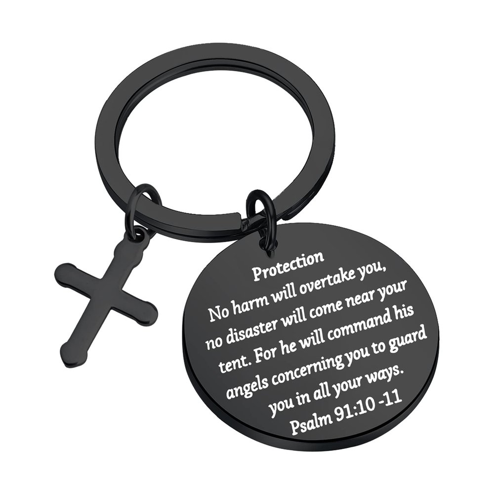 bobauna Bible Verse Keychain Psalm 91 No Harm Will Overtake You No Disaster Will Come Near Your Tent Religious Jewelry Christian Gift (protection Psalm 91:10-11 keychain black)