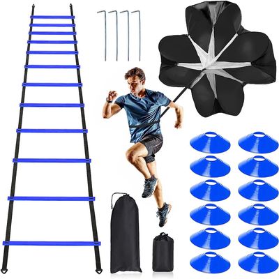 Pro Speed & Agility Training SetIncludes 12 Rung 20ft Adjustable Agility Ladder with Carrying Bag, 12 Disc Cones, 4 Steel Stakes, 1 Resistance Parachute, Use Equipment to Improve Footwork Any Sport
