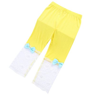 Aislor Girls Cotton Capri Leggings Kids Summer Footless Tights Cropped Leggings School Dance Yoga Pants with Lace Bow Yellow 5-6 Years