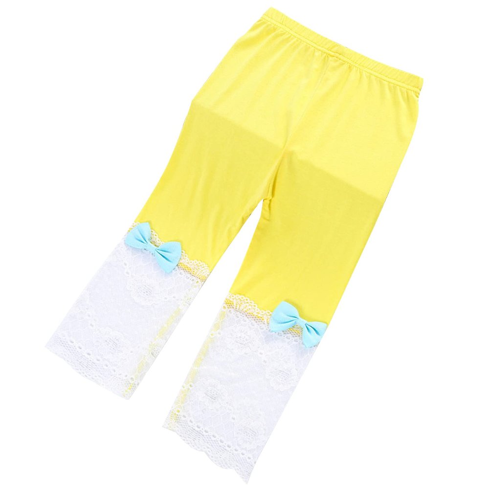 Aislor Girls Cotton Capri Leggings Kids Summer Footless Tights Cropped Leggings School Dance Yoga Pants with Lace Bow Yellow 5-6 Years