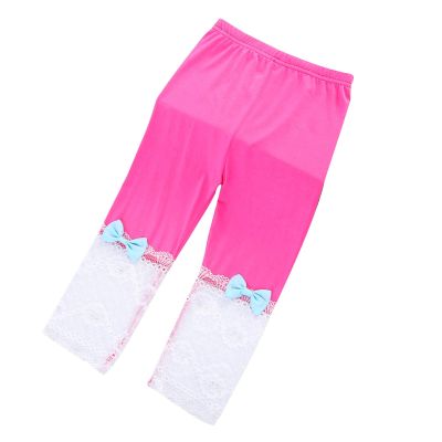 Aislor Girls Cotton Capri Leggings Kids Summer Footless Tights Cropped Leggings School Dance Yoga Pants with Lace Bow Rose Red 7-8 Years