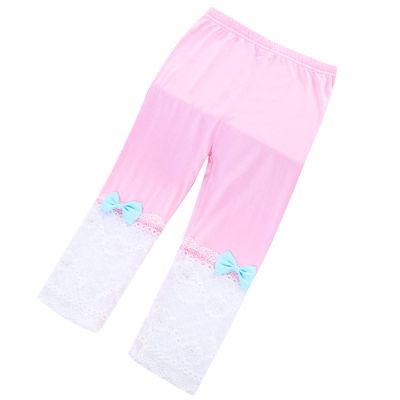 Aislor Girls Cotton Capri Leggings Kids Summer Footless Tights Cropped Leggings School Dance Yoga Pants with Lace Bow Pink 7-8 Years