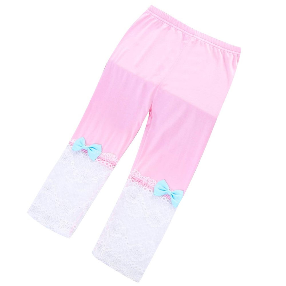 Aislor Girls Cotton Capri Leggings Kids Summer Footless Tights Cropped Leggings School Dance Yoga Pants with Lace Bow Pink 7-8 Years