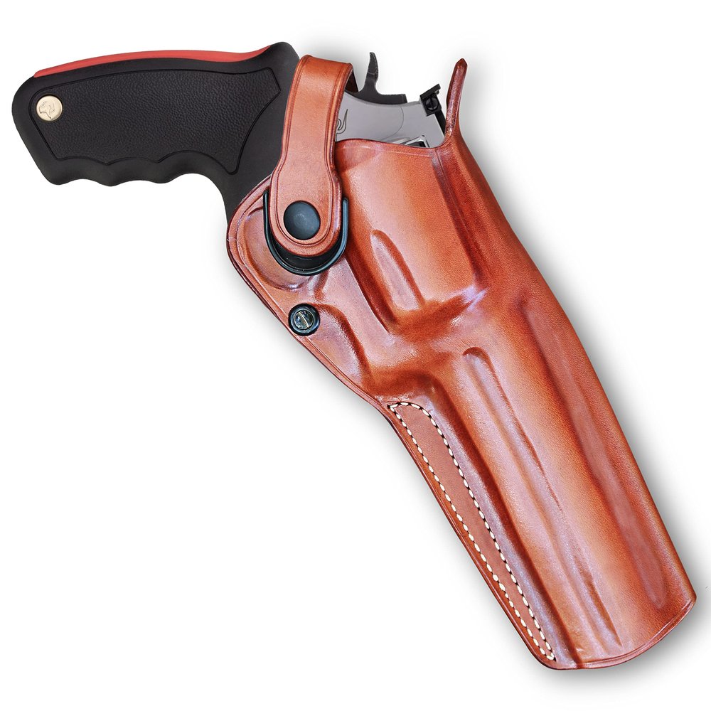 Premium Leather Three Slots Belt Holster with Retention Strap Fits Taurus Raging Hunter 44 Mag/ 454 Casull 6.75" BBL, Right Hand Draw, Brown Color #1574#