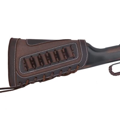 Genuine Leather Gun Shell Holder Buttstock, Canvas Recoil Pad Extension for Shotguns Rifles (Coffee)