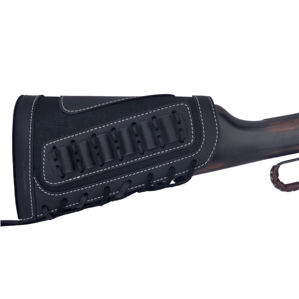 Genuine Leather Gun Shell Holder Buttstock, Canvas Recoil Pad Extension for Shotguns Rifles (Black)