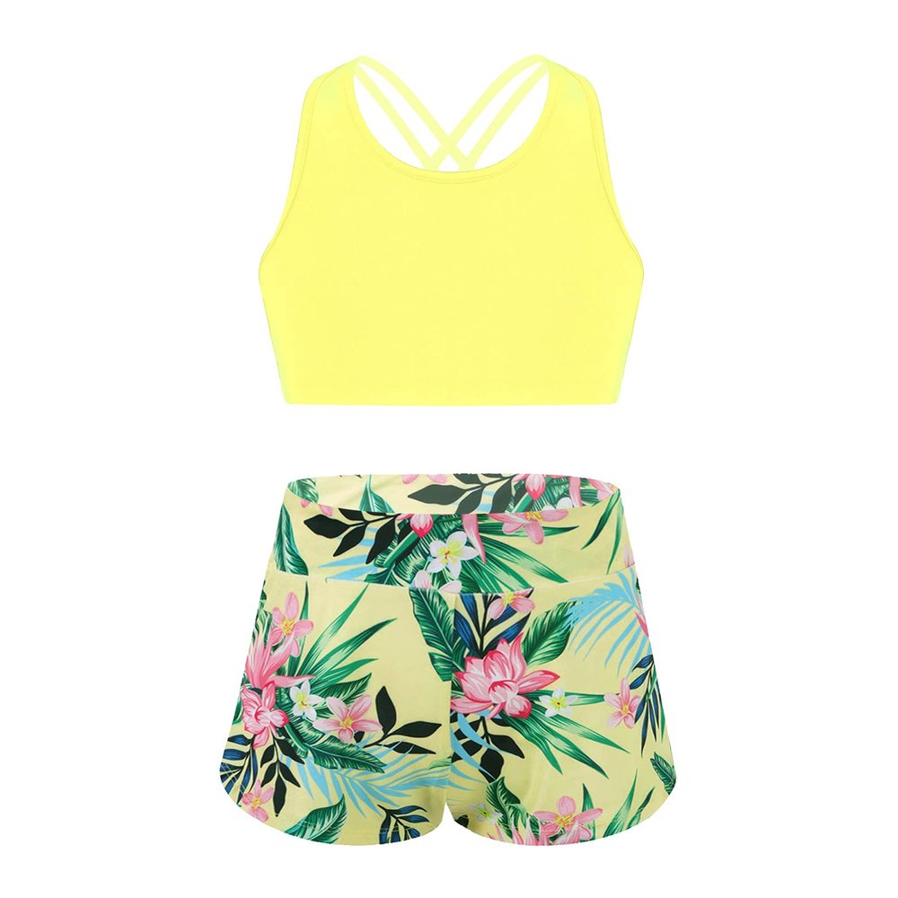 winying Kids Girls 2Pcs Tankini Tracksuit Sport Gymnastics Crop Top with Shorts Swimsuit Swimwear Activewear Lemon 8 Years