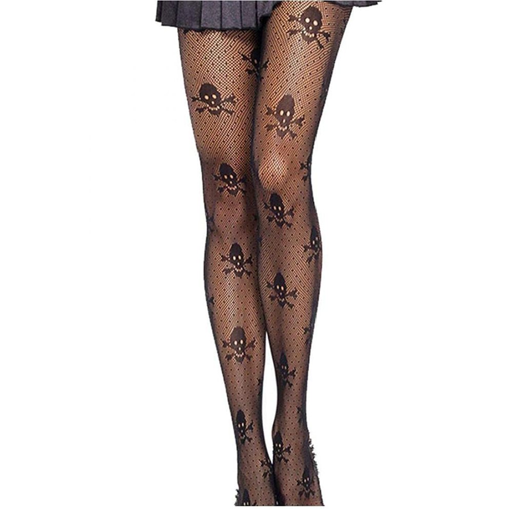 Froiny 1pair Women Black Lace Stockings Breathable Skull Print Mesh Thighs Pantyhose Ladies Fishnet Legging Long Socks, One Size