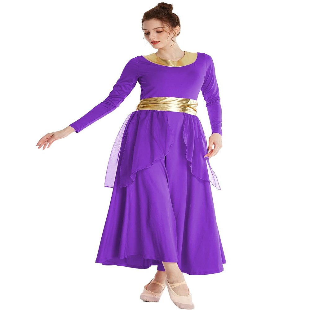 DYMCII Womens Metallic Gold Dance Robe Worship Praise Dress Long Sleeve Loose Fit Liturgical Lyrical Chiffon Skirt Costume Purple XXL