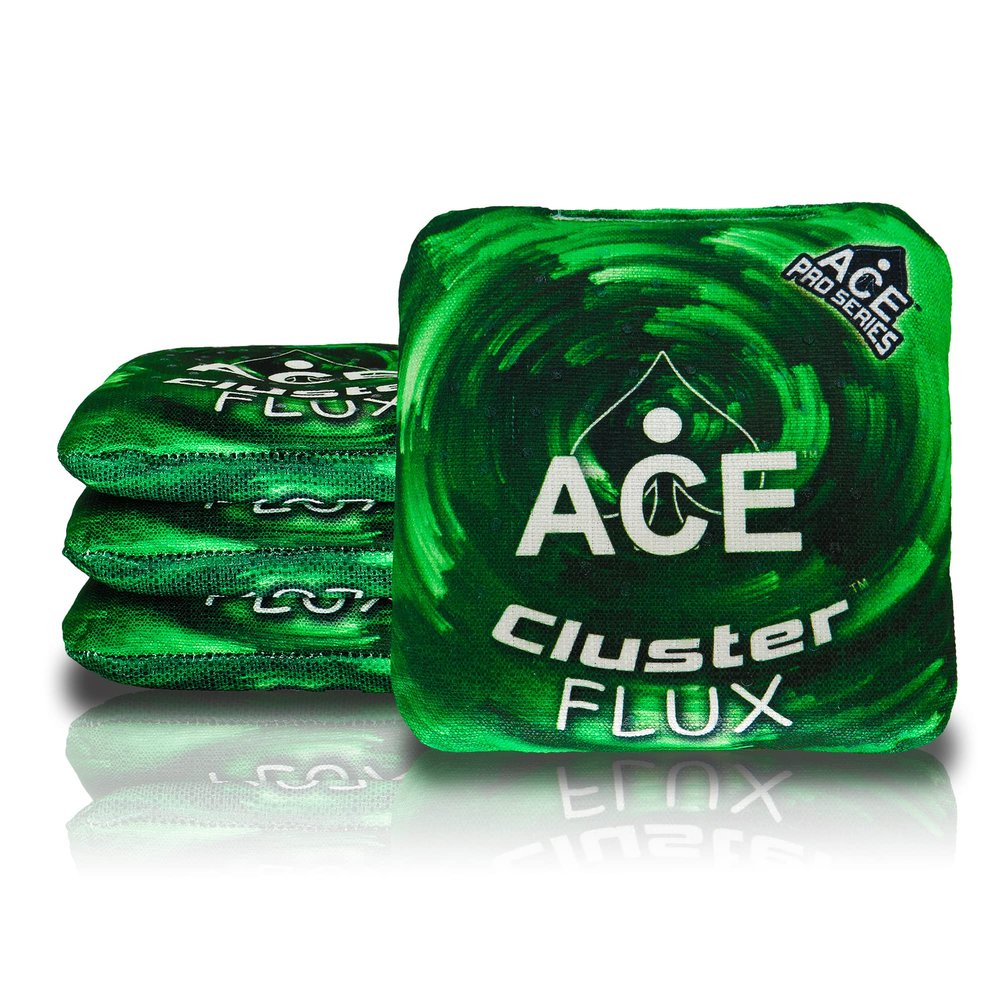 CornholeAce Cluster Flux | Green (Set of 4 Bags) | ACE Pro Stamped | Cluster Pad Technology | Dual Sided Slick Stick All Weather | Professional Cornhole Bags