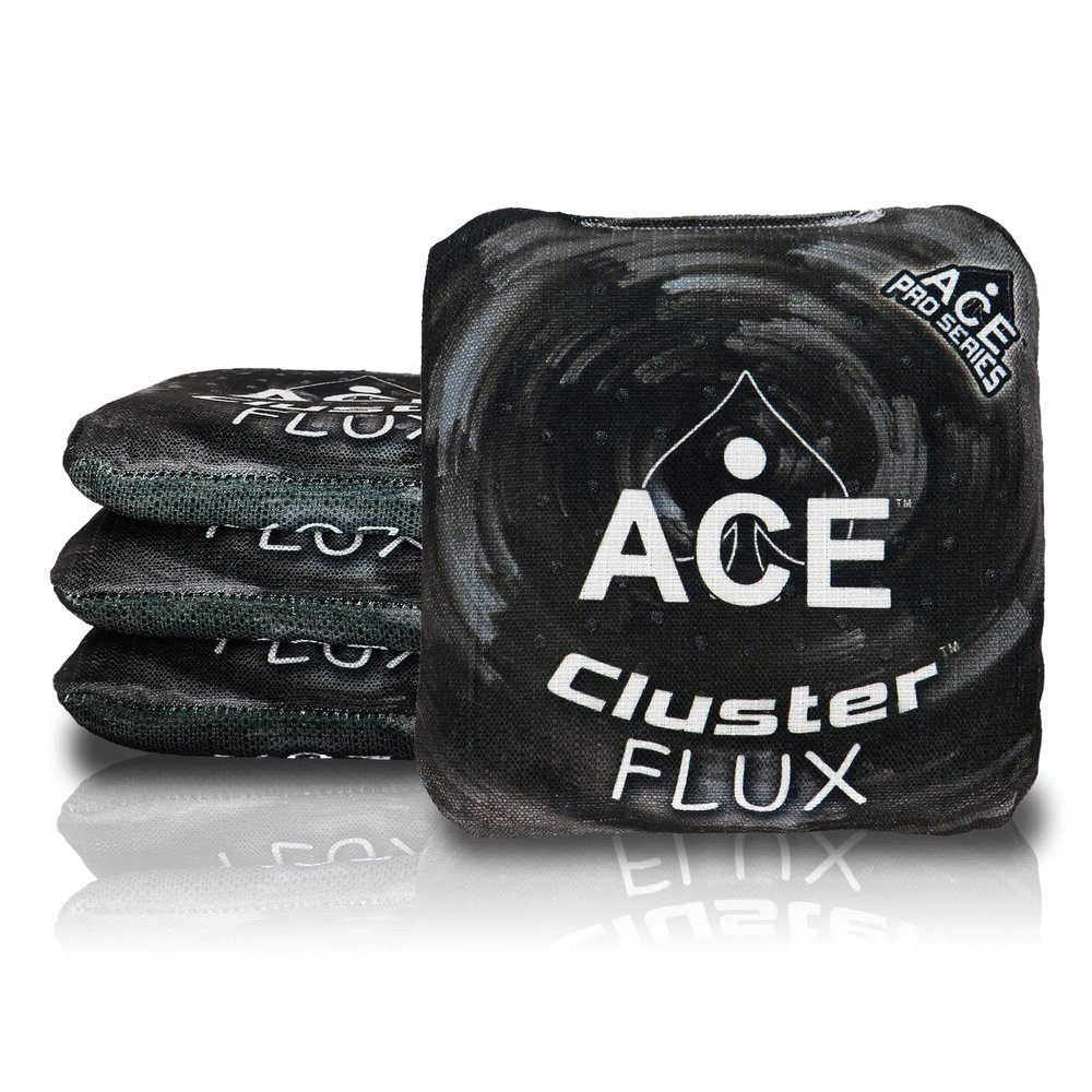 CornholeAce Cluster Flux | Black (Set of 4 Bags) | ACE Pro Stamped | Cluster Pad Technology | Dual Sided Slick Stick All Weather | Professional Cornhole Bags