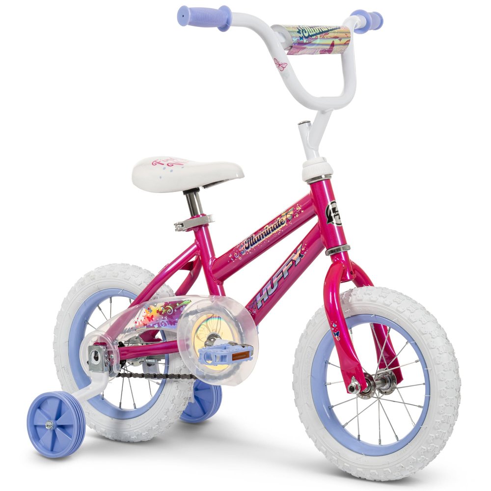 Huffy Illuminate 12 Girls Bike with Removable Training Wheels, Sweet Pink Frame with Butterfly Graphics, Chain Guard, White Tires and Lavender Rims