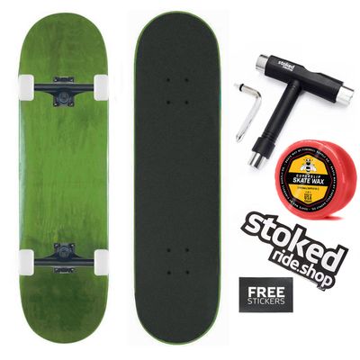 Stoked Ride Shop Skateboard Complete - American Made Maple Wood - Professional Grade Board for Adults, Kids, Girls & Boys - Fully Assembled with Shorty's Wax, Skate Tool and Stickers (7.75" Green)