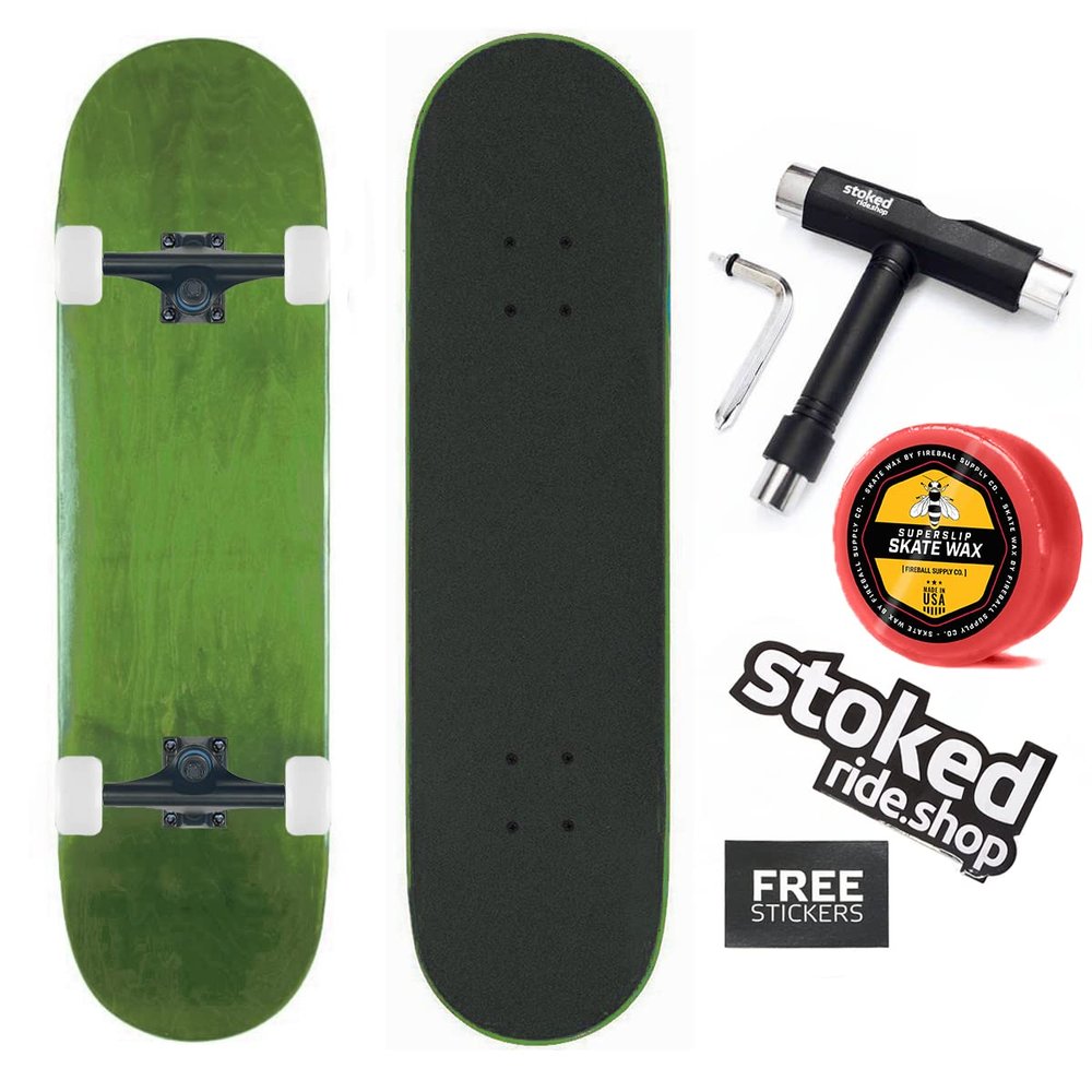 Stoked Ride Shop Skateboard Complete - American Made Maple Wood - Professional Grade Board for Adults, Kids, Girls & Boys - Fully Assembled with Shorty's Wax, Skate Tool and Stickers (7.75" Green)