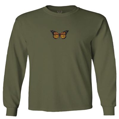 0374. Aesthetics Summer Cute Butterfly Print Graphic Men's Long Sleeve t Shirt (Olive, Medium)