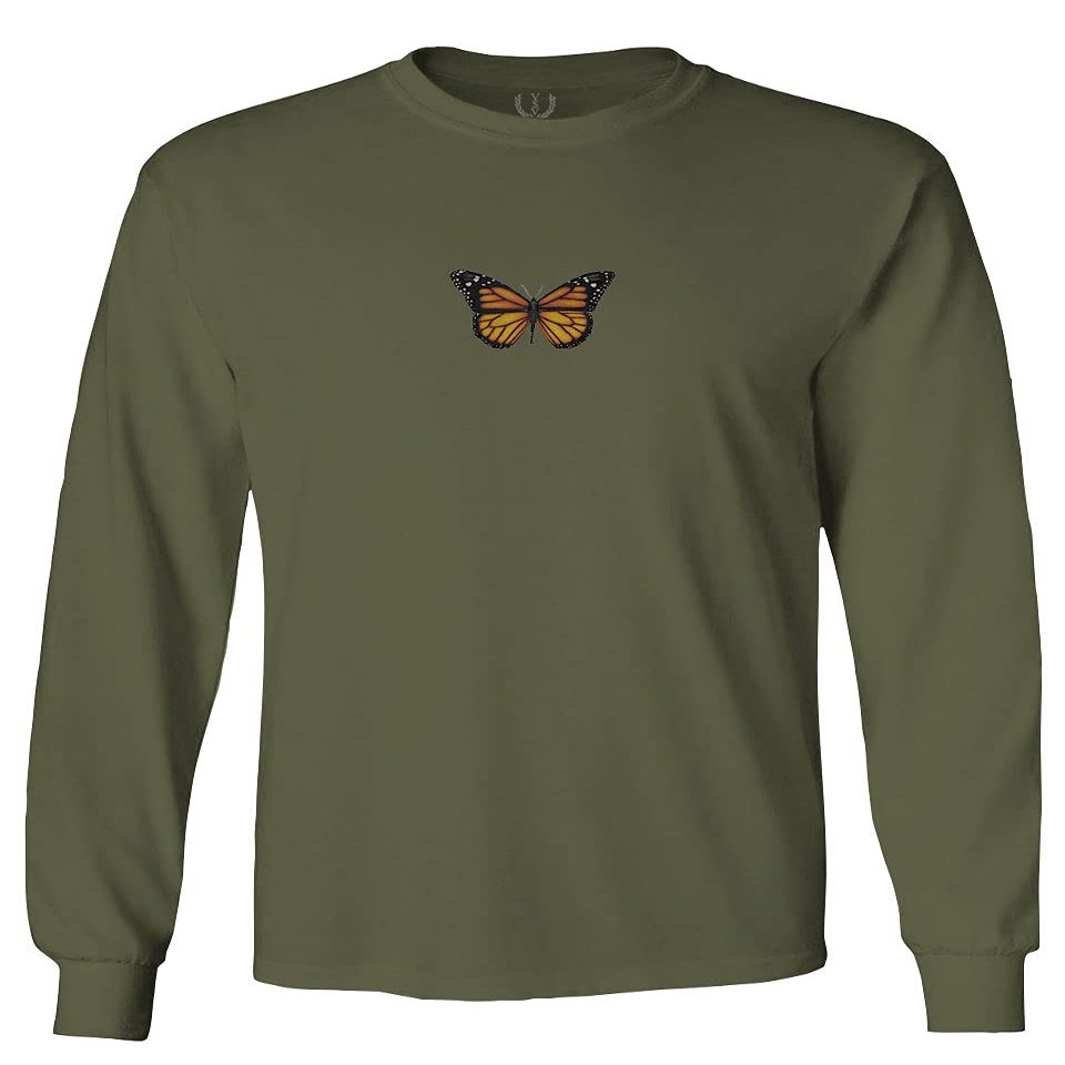 0374. Aesthetics Summer Cute Butterfly Print Graphic Men's Long Sleeve t Shirt (Olive, Medium)