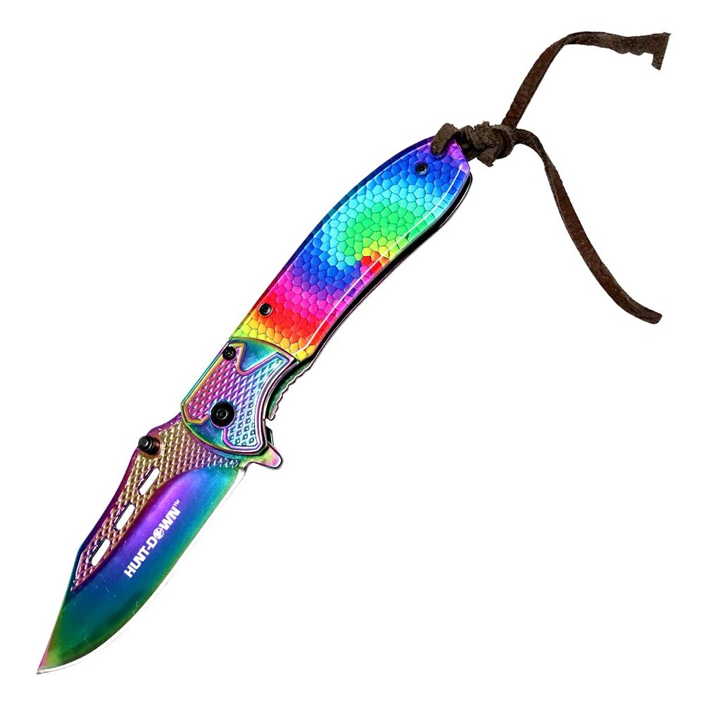 HUNT-DOWN 8" Spring Assisted Folding Knife Designer Handle Stone-wash Rainbow Blade