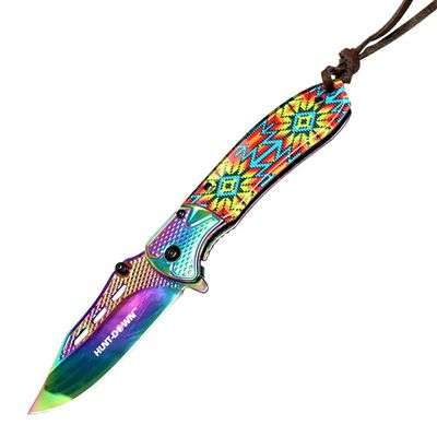 HUNT-DOWN 8" Spring Assisted Folding Knife Stone wash Rainbow Blade Designer Handle