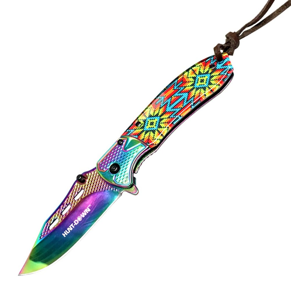 HUNT-DOWN 8" Spring Assisted Folding Knife Stone wash Rainbow Blade Designer Handle